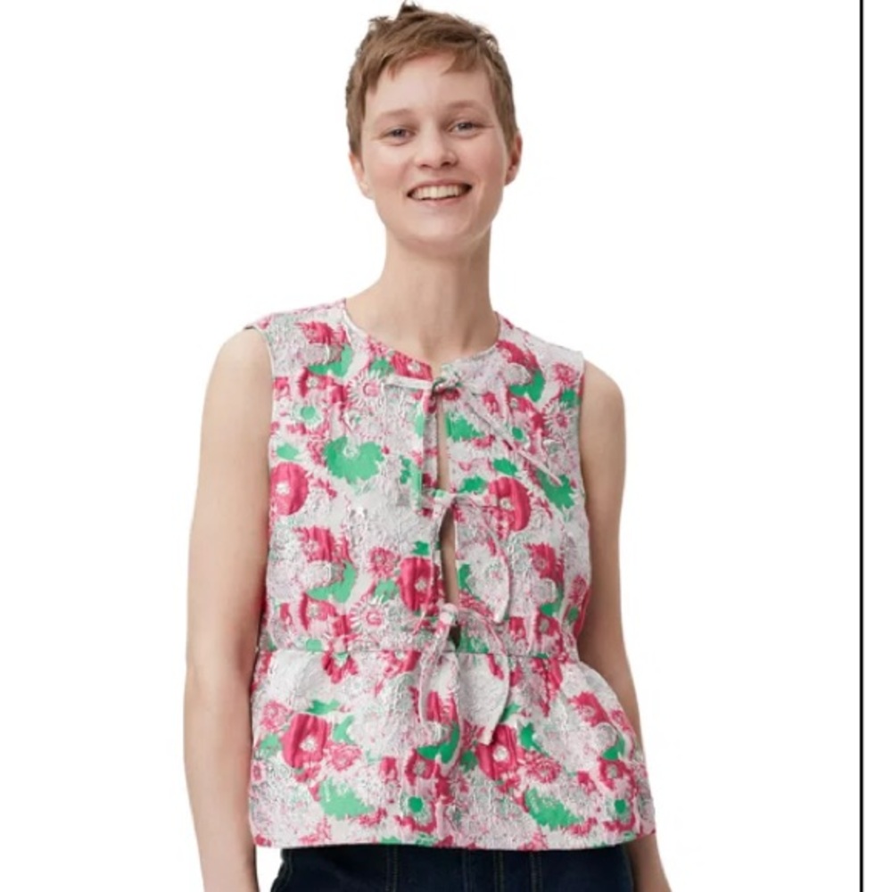 GANNI NWOT Jacquard Metallic Ribbon Sleeveless Blouse